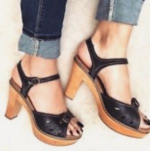 Black Leather and Wood Heels with Brass Buckle